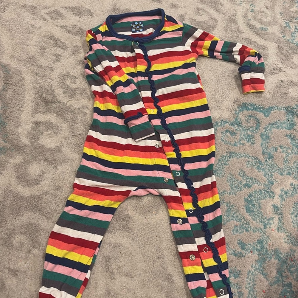 KicKee Pants London Muffin Ruffle Coverall w/ Snaps Bright London Stripe 18/24